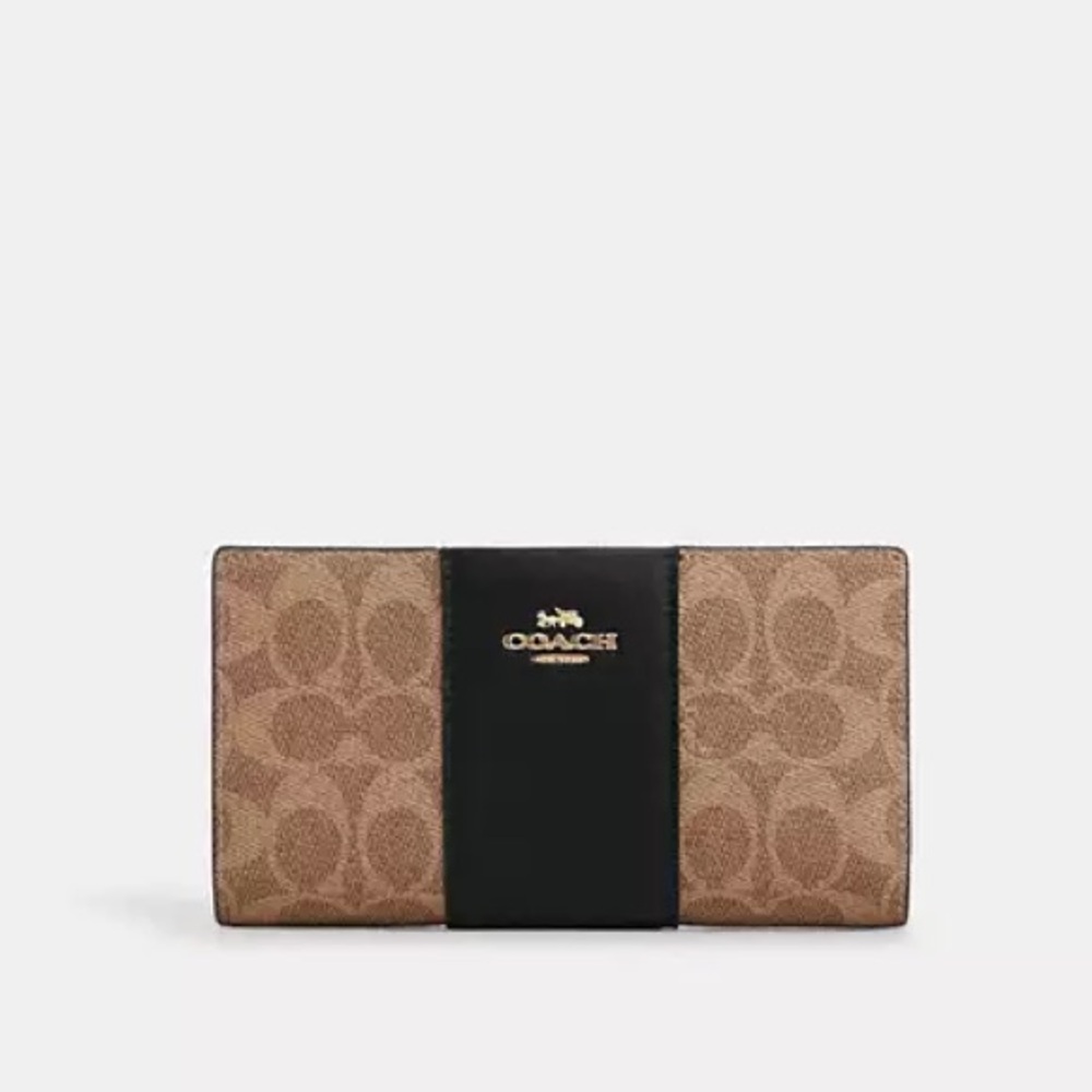 NWT - Coach Slim Zip Wallet In Signature Canvas With Stripe - Gold/Tan/Black